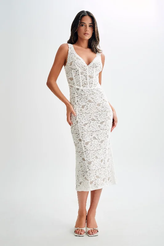  Flash SaleDoria Lace Plisse Midi Dress - Ivory