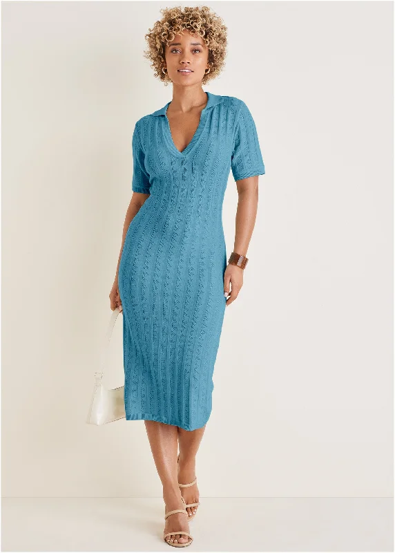  Women's Evening ApparelPointelle Sweater Dress - Blue