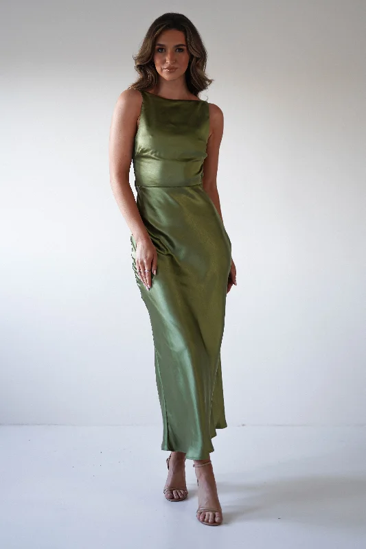  Women's Comfortable ApparelBayleigh Soft Satin Maxi Dress | Olive