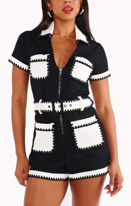  Elegant Women's AttireTempe Romper ~ Black White Colorblock Denim