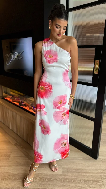  Women's Romantic OutfitLisa Cream & Pink Floral Print One Shoulder Open Back Twist Detail Midi Dress