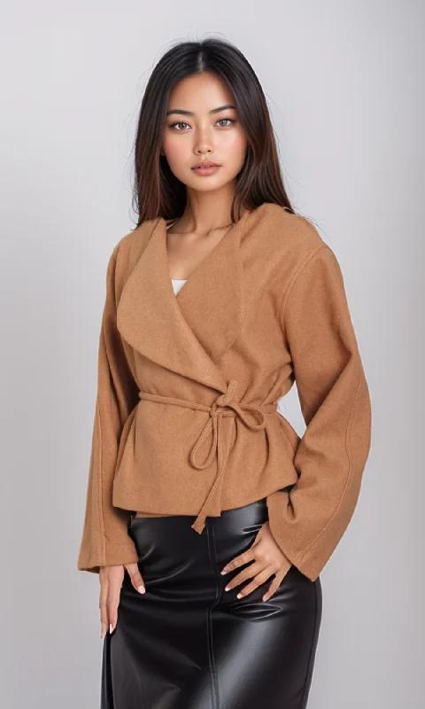  Fashion ForwardWomen Tied Short Jacket (Brown)