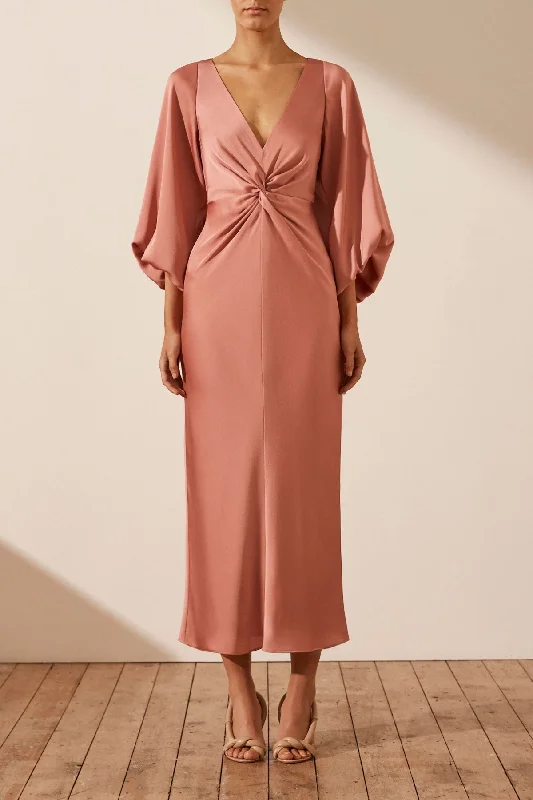  Winter Warehouse SaleLUXE BALLOON SLEEVE KNOT FRONT MIDI DRESS - ROSE