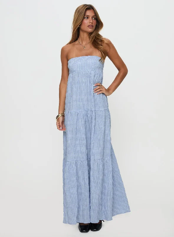  Affordable Women's ApparelWynnie Strapless Maxi Dress Blue Check