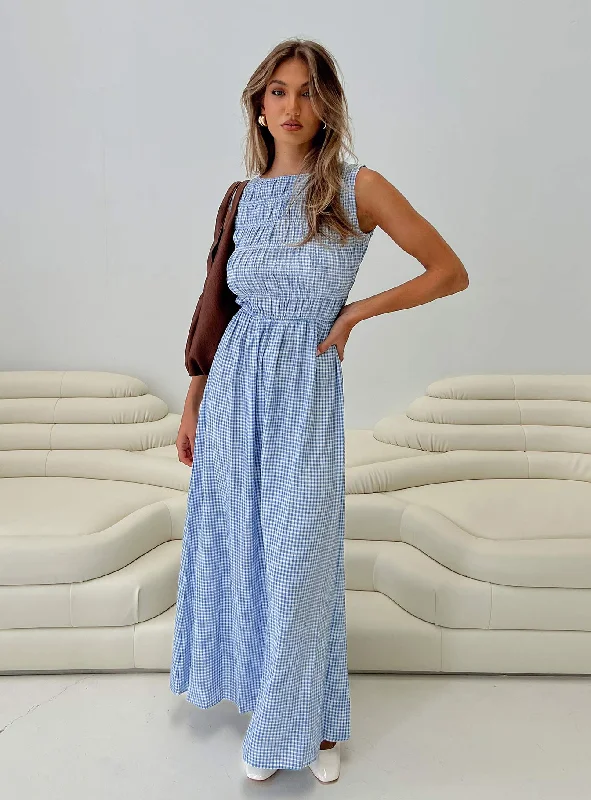  Women's Resort AttireFables Shirred Maxi Dress Blue Gingham