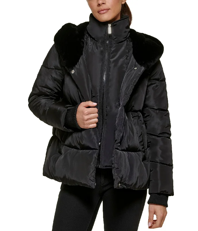  Women's Chic Outerwear AttireQuilted Puffer with Bib and Faux Fur Lined Hood