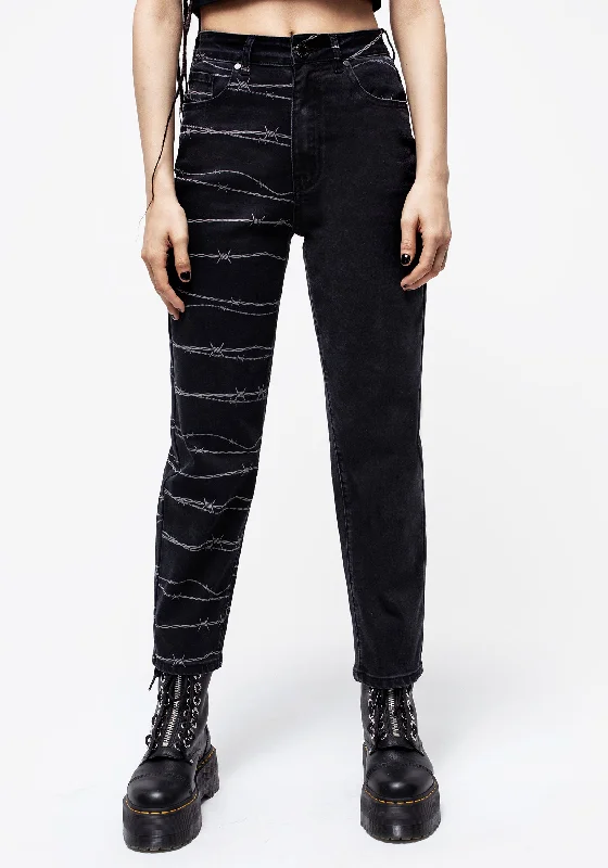  Fashionable Women's ClothesBarbed Wire Spliced Mom Jeans