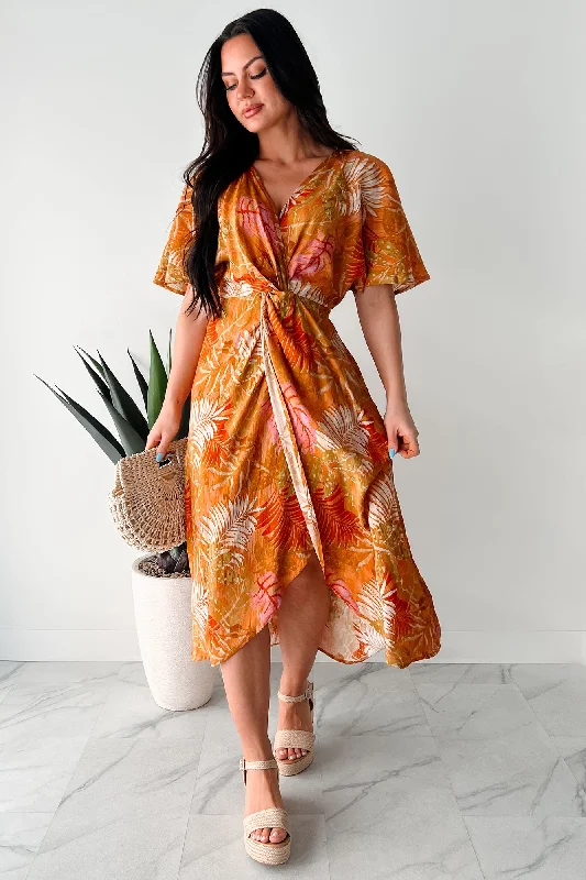  Women's Casual ApparelSlow Down & Smell The Roses Tropical Print Midi Dress (Mustard/Multi)