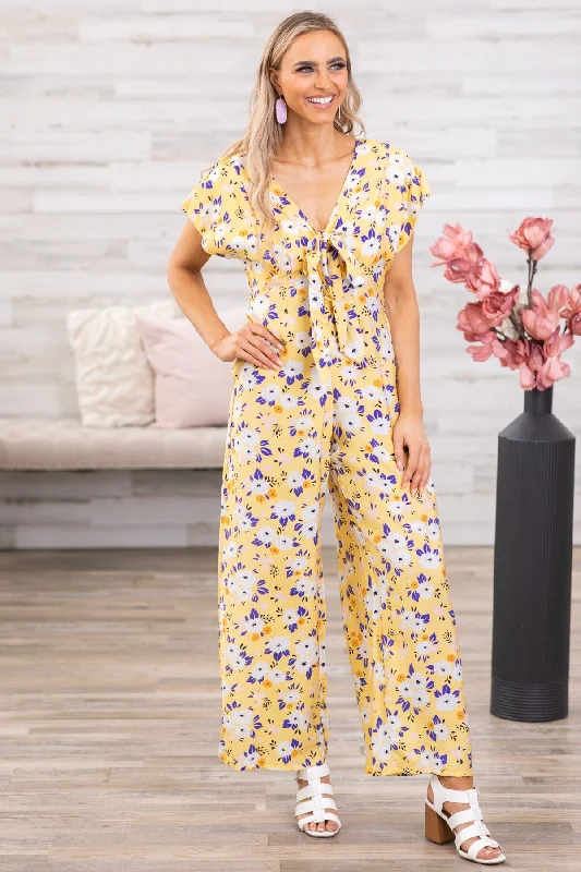  The Good StuffYellow Floral Flutter Sleeve Jumpsuit