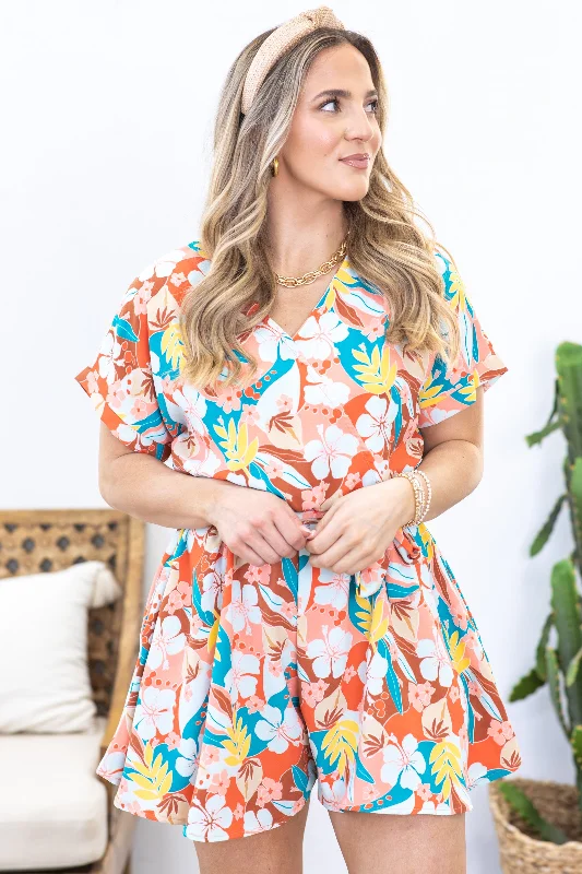  Huge Price CutCoral Tropical Floral Print Romper