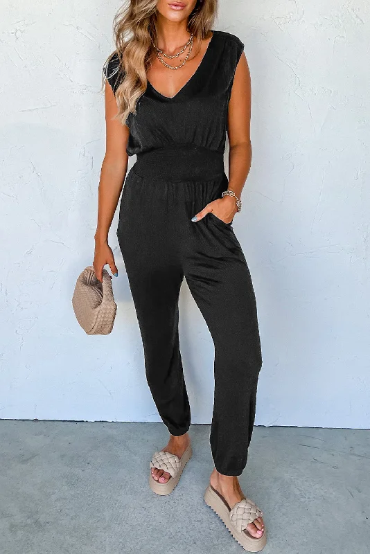  Edgy Fashion DealsShirred High Waist Sleeveless V Neck Jumpsuit