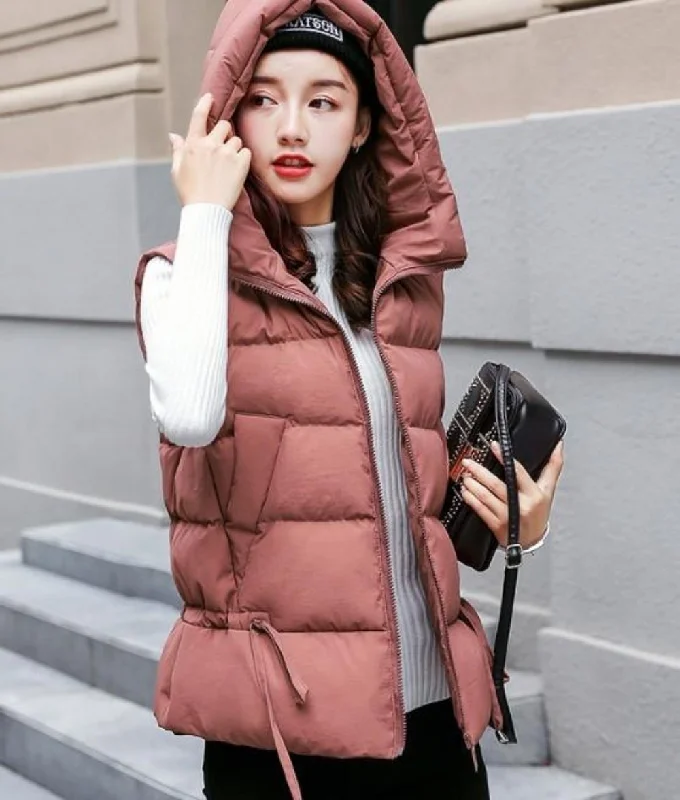  Women's Trendy Casual OutfitWomens Short Zipped Up Puffer Hooded Vest in Pink