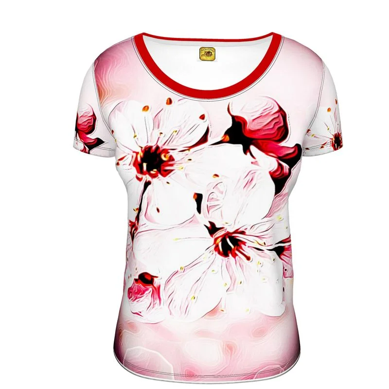  Women's Vacation ClothesFloral Embosses: Pictorial Cherry Blossoms 01-02 Ladies Designer Scoop Neck T-shirt