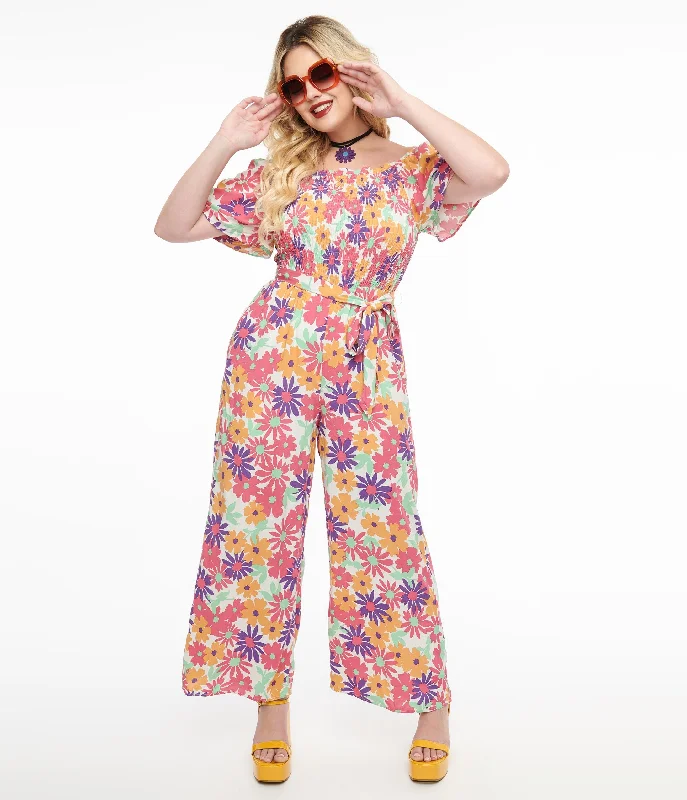  Women's Stylish Outdoor OutfitHot Pink & Purple Floral Flutter Sleeve Jumpsuit