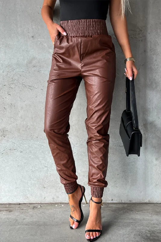  Comfortable Women's ApparelBrown Smocked High-Waist Leather Skinny Pants