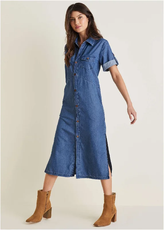  Women's Professional ApparelDenim Midi Shirt Dress - Medium Wash