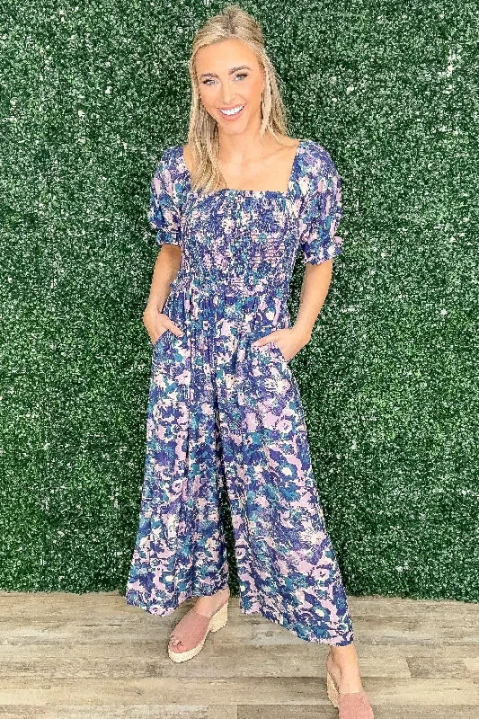  Absurdly Cheap SaleNavy With Print Smocked Body Jumpsuit