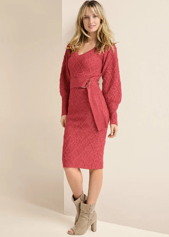  Women's Vintage AttireBelted Midi Sweater Dress  - Baked Apple