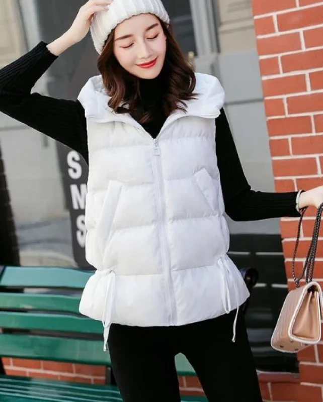  Women's Travel AttireWomens Short Zipped Up Puffer Hooded Vest in White