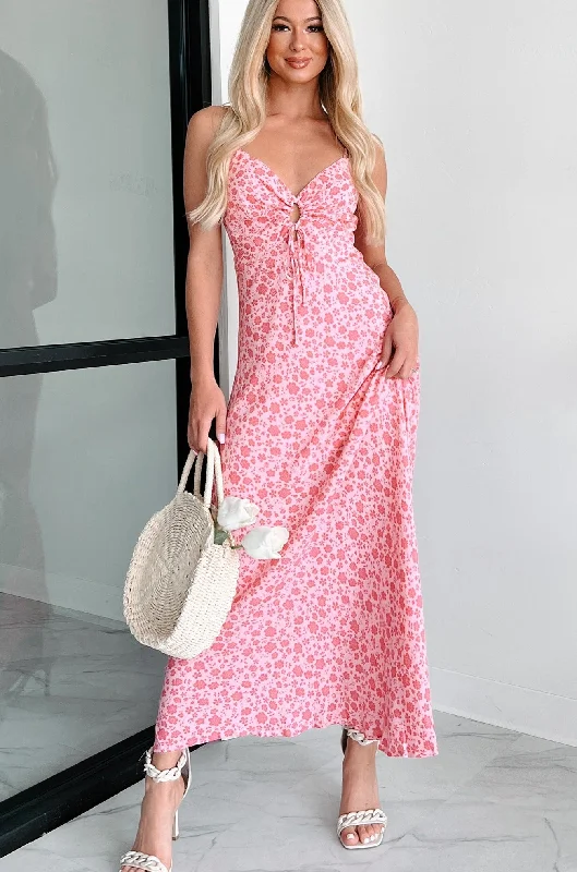  Stylish Women's AttireCharismatic Appeal Tie-Front Floral Maxi Dress (Pink Multi)