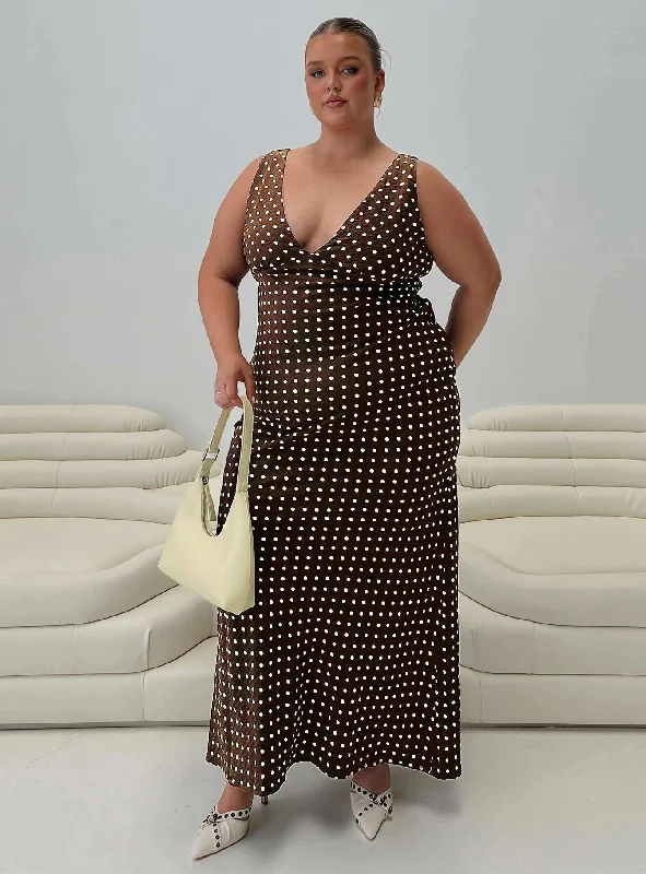  Women's Wardrobe ApparelNellie Maxi Dress Brown Polka Dot Curve