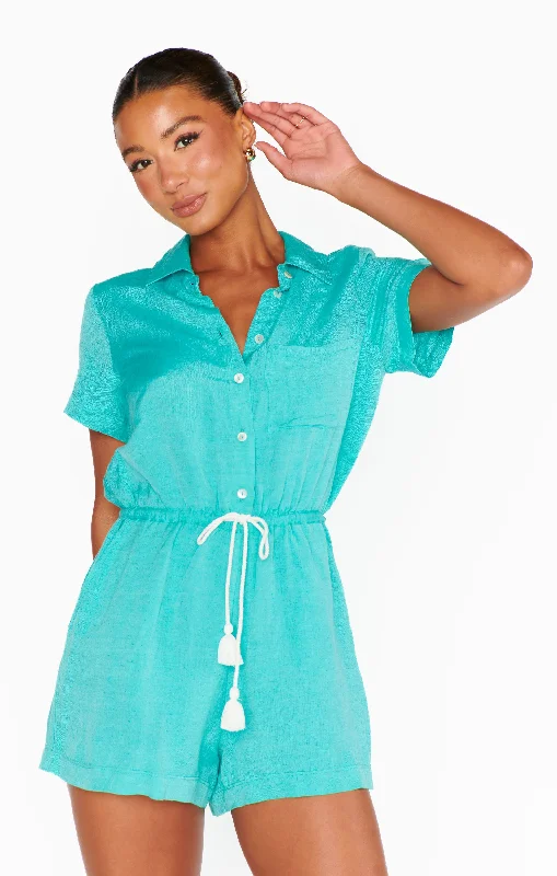  Women's Chic Outerwear AttireDaylight Romper ~ Teal Linen