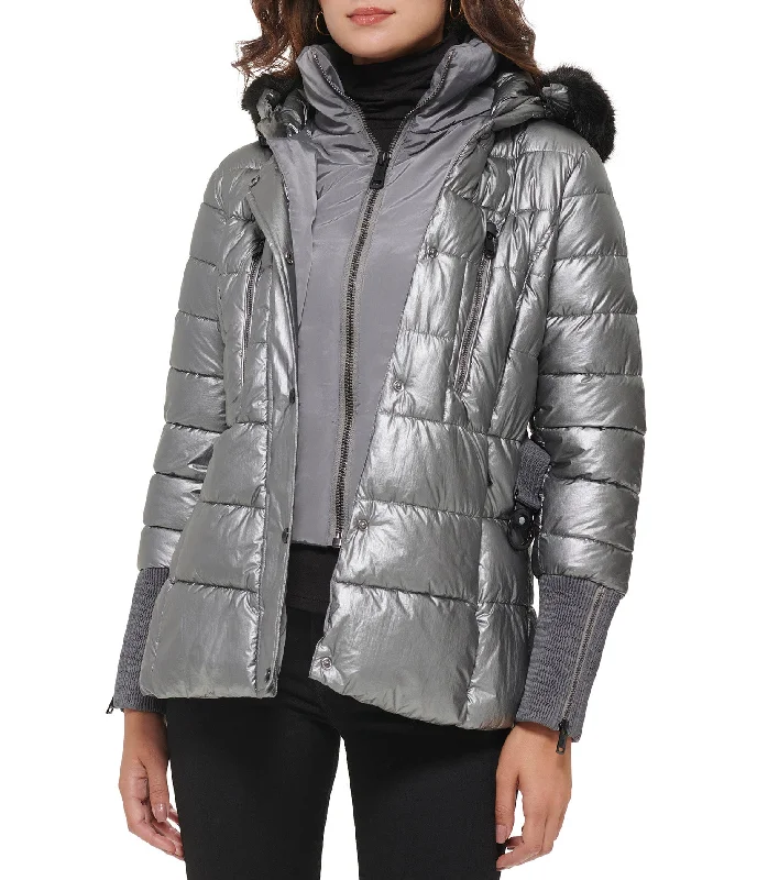  Women's Vintage-Inspired OutfitApres Ski Crinkle Metallic Belted Coat With Hood