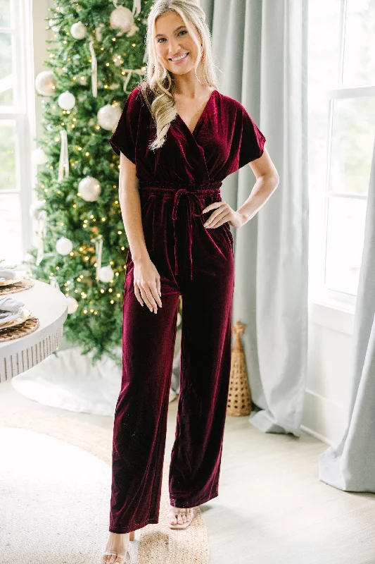  Women's Effortless Casual OutfitHoliday Vixen Wine Red Velvet Jumpsuit