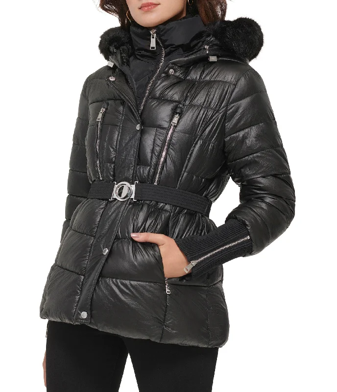  Comfortable Women's AttireApres Ski Crinkle Metallic Belted Coat With Hood