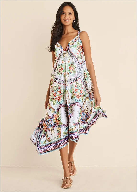  Women's Stylish Casual GarmentsHandkerchief Hem Midi Dress - Tropical Status Border