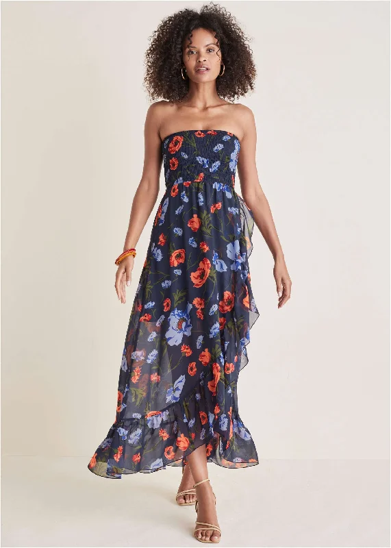  Women's Holiday ApparelStrapless Smocked Maxi - Forest Floral Iris