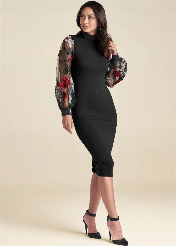  Women's Comfortable Lounge AttireEmbroidered Floral Puff Sleeve Dress  - Black Multi